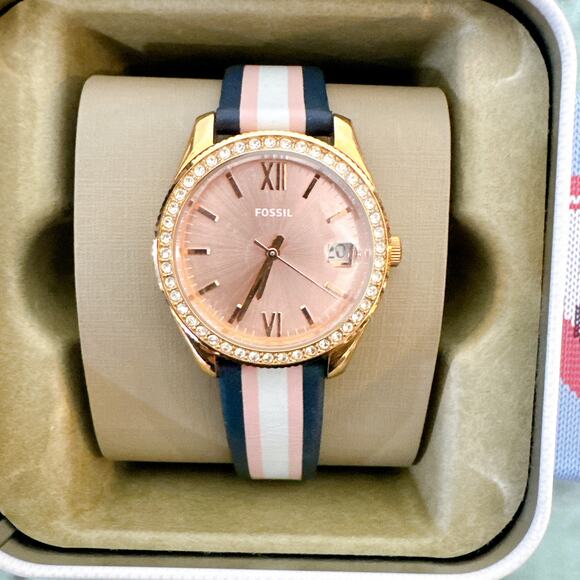 Fossil ES4595 Scarlette Mini Three-Hand Date Striped Navy Leather Watch
